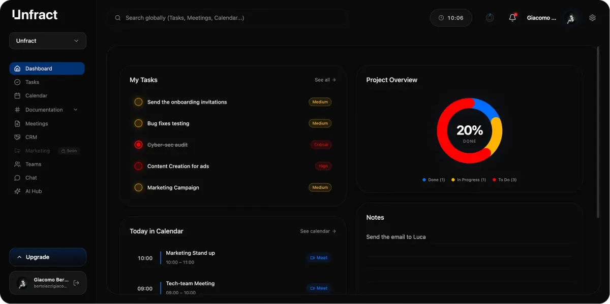 Unfract Unified Workspace Dashboard with Project Management and AI Assistant
